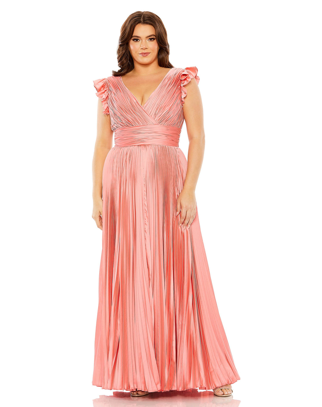 Flutter Sleeve Pleated V-Neck Gown (PLUS) - FOSTANI