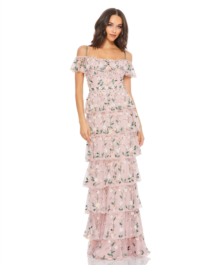 Off The Shoulder Embroidered Ruffle Tiered Gown - FOSTANI