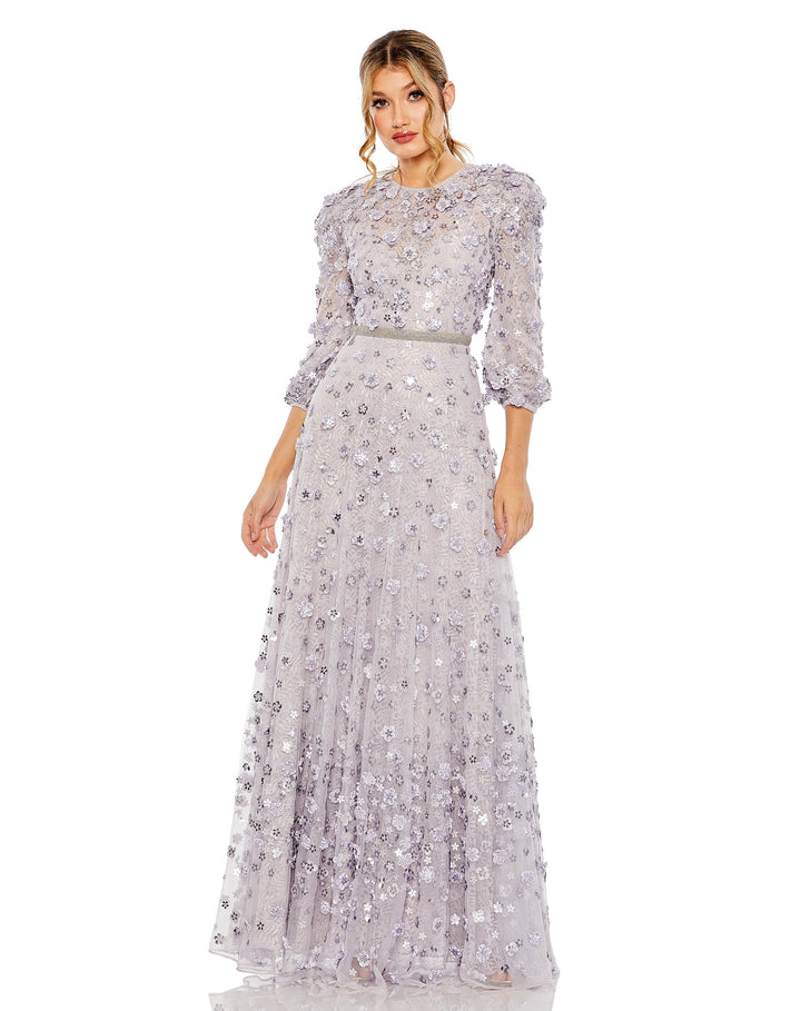 Floral Applique Puff Sleeve High Neck A-Line Gown - FOSTANI
