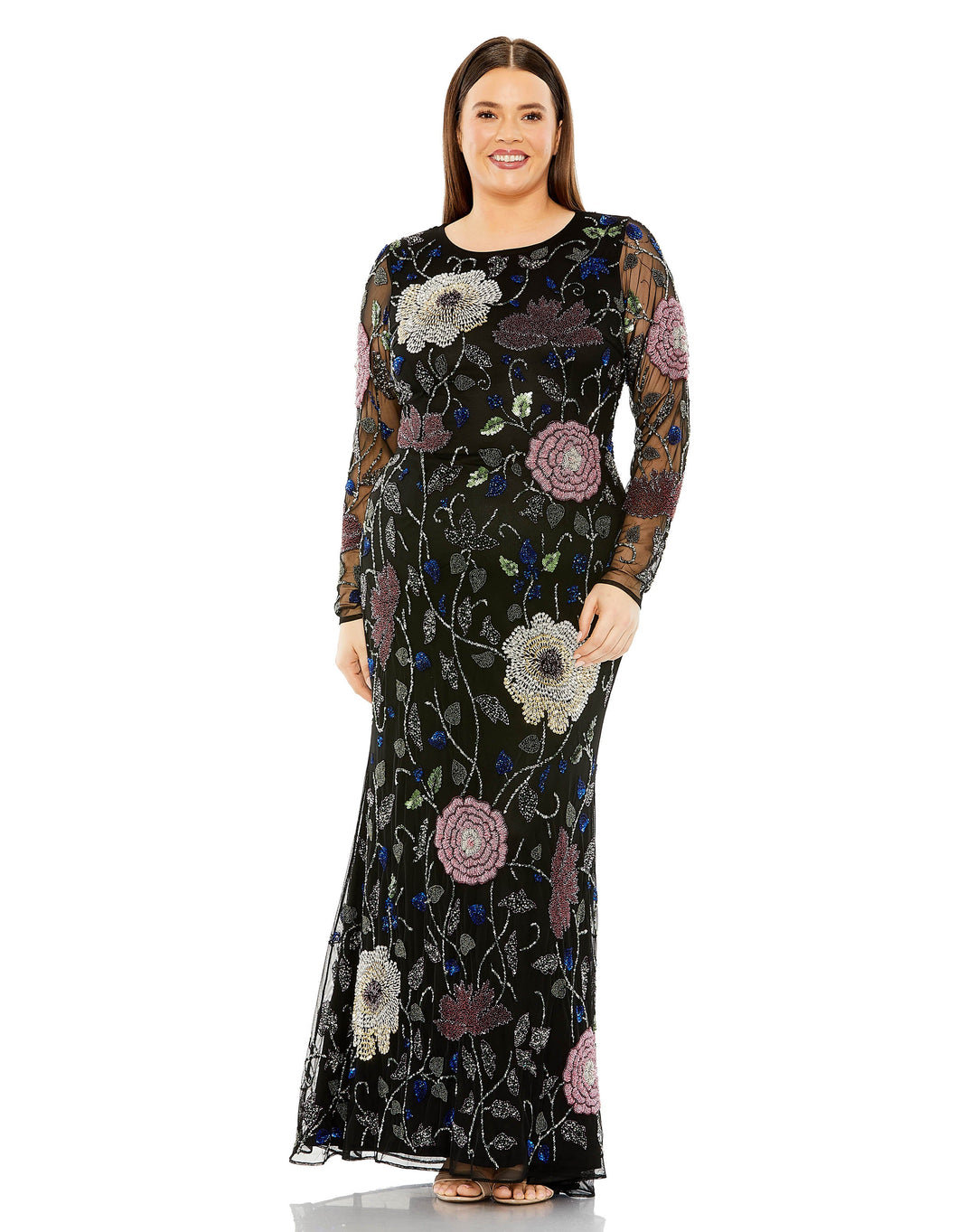 Long Sleeve High Neck Floral Embroidered Gown - FOSTANI