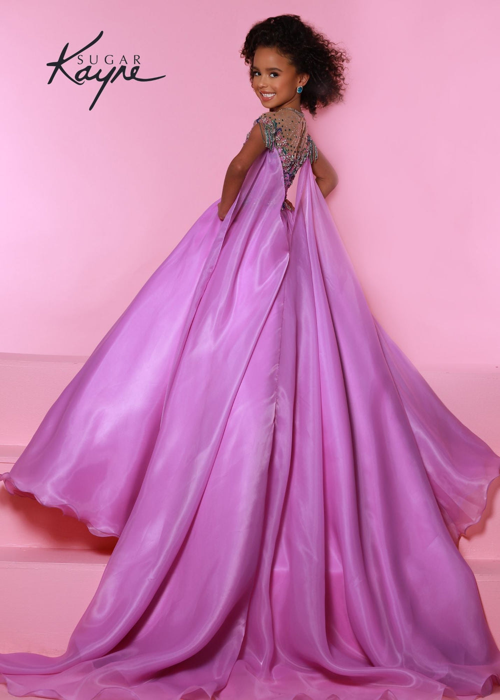 Sugar Kayne C300 Long Chiffon Girls Pageant Dress Beaded Fringe Sleeve Cape Ballgown - FOSTANI