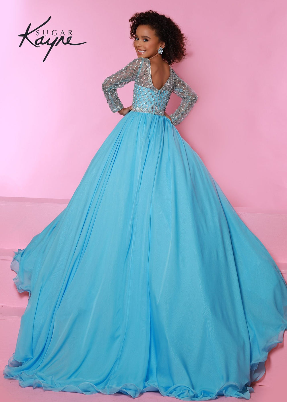 Sugar Kayne C303 Long Sleeve Sheer Crystal Chiffon Girls Pageant Dress Ball Gown Dress - FOSTANI