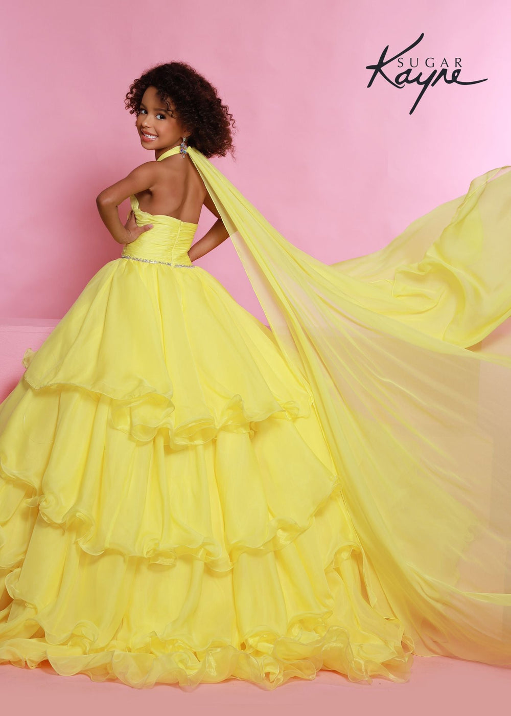 Sugar Kayne C305 Ruffled Layers Girls Preteens Pageant Dress Ball Gown Cape Halter Formal Dress - FOSTANI