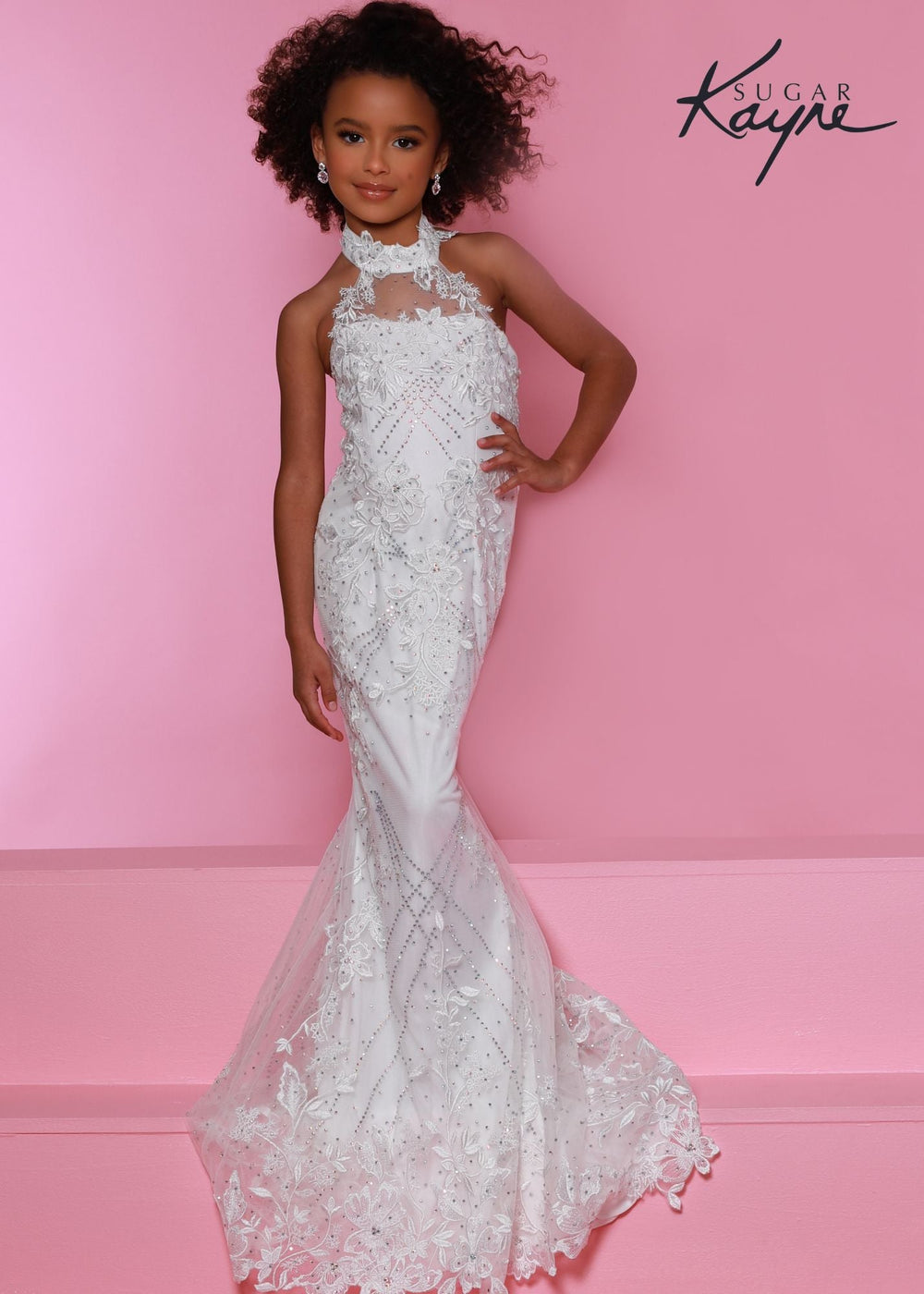 Sugar Kayne C323 Long Fitted Lace Crystal Girls Pageant Dress Detachable Overskirt Gown - FOSTANI