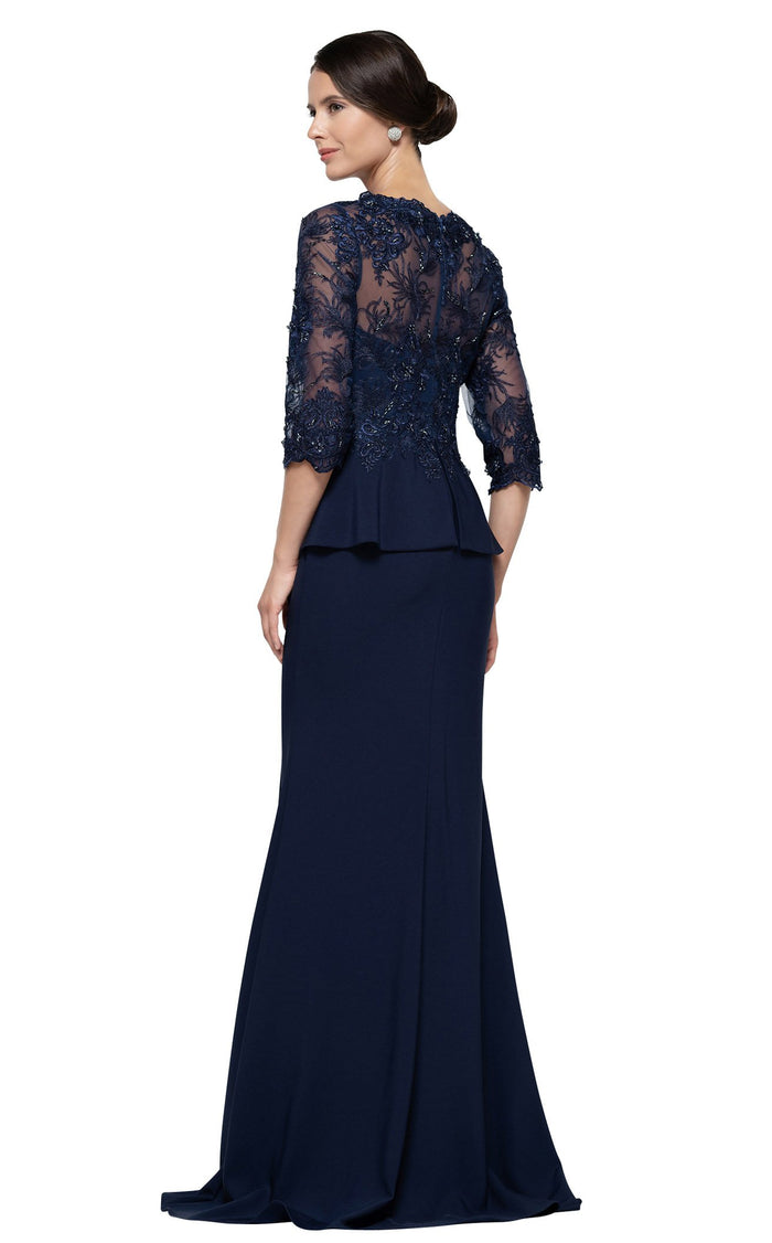 Rina Di Montella RD2685 Scalloped V-Neck 3/4 Sleeve Peplum Mother of the Bride Dress NAVY / 16