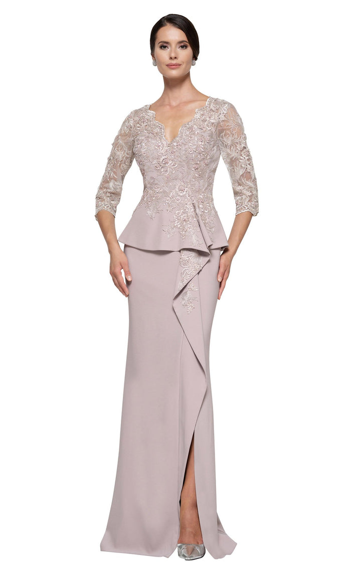 Rina Di Montella RD2685 Scalloped V-Neck 3/4 Sleeve Peplum Mother of the Bride Dress TAUPE / 8