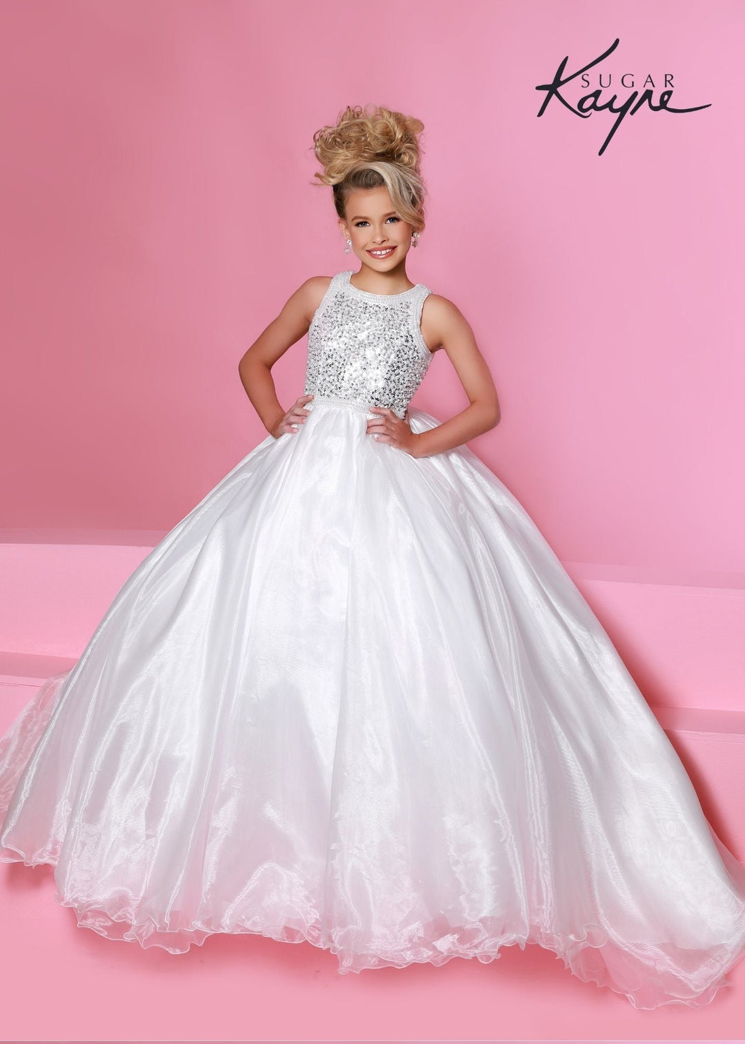 Sugar Kayne C186 Girls and Preteen Pageant Dress Sequin and Pearl Top Cutout Heart Back Organza Long Skirt with Train - FOSTANI