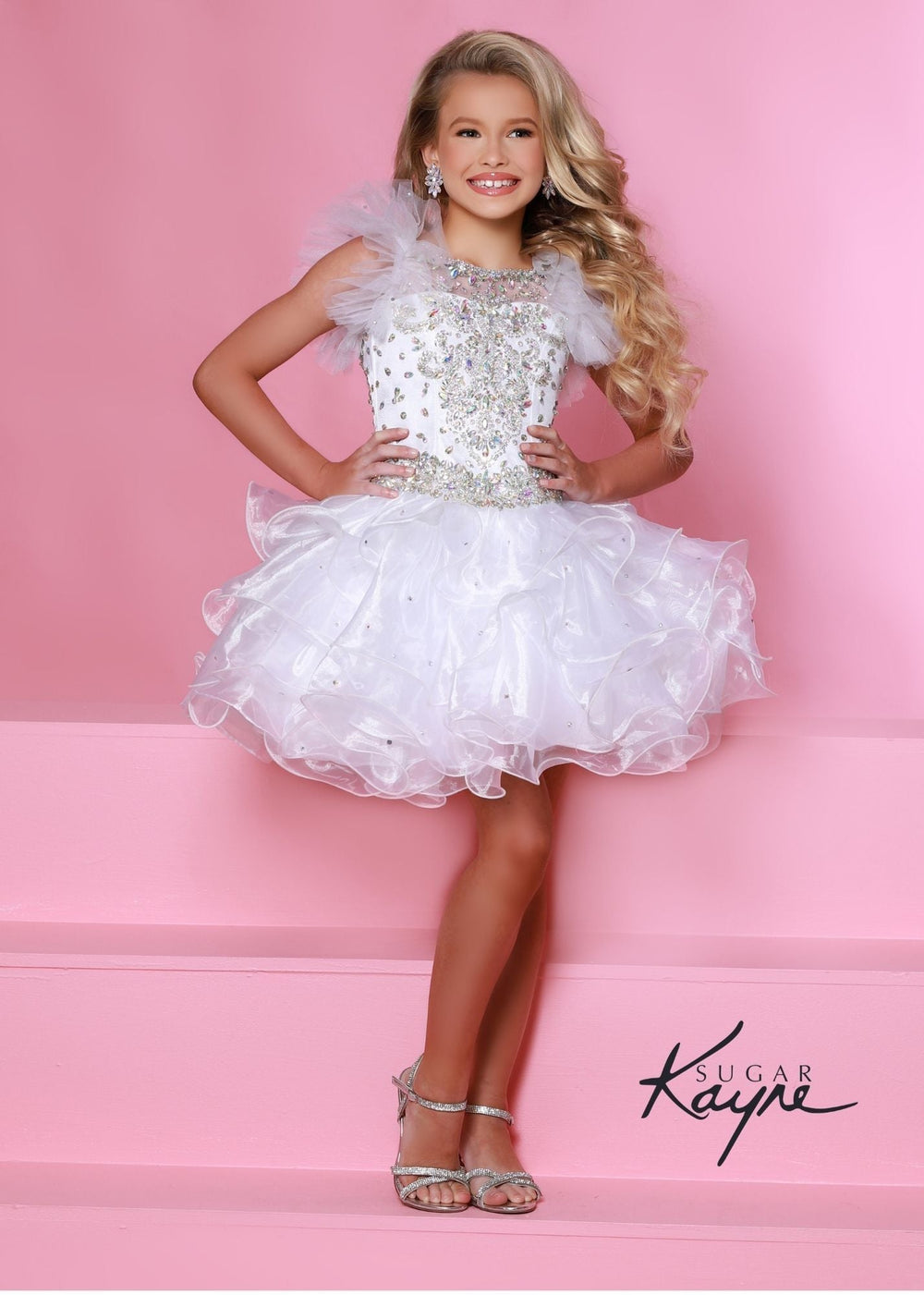 Sugar Kayne C211 Short Ruffle Cupcake Pageant Dress Crystal High Neck Girls Gown - FOSTANI