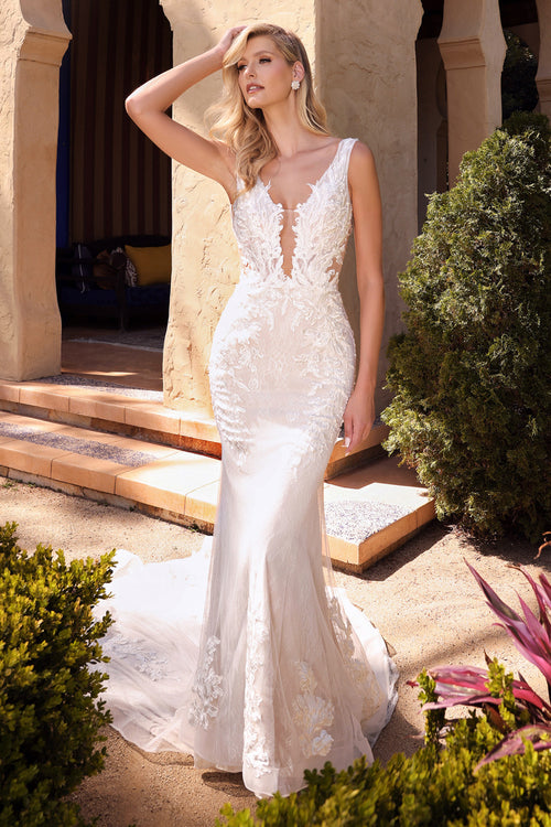 Andrea & Leo Couture A1072W Floral Appliqué Plunging V-Neck Mermaid Bridal Gown