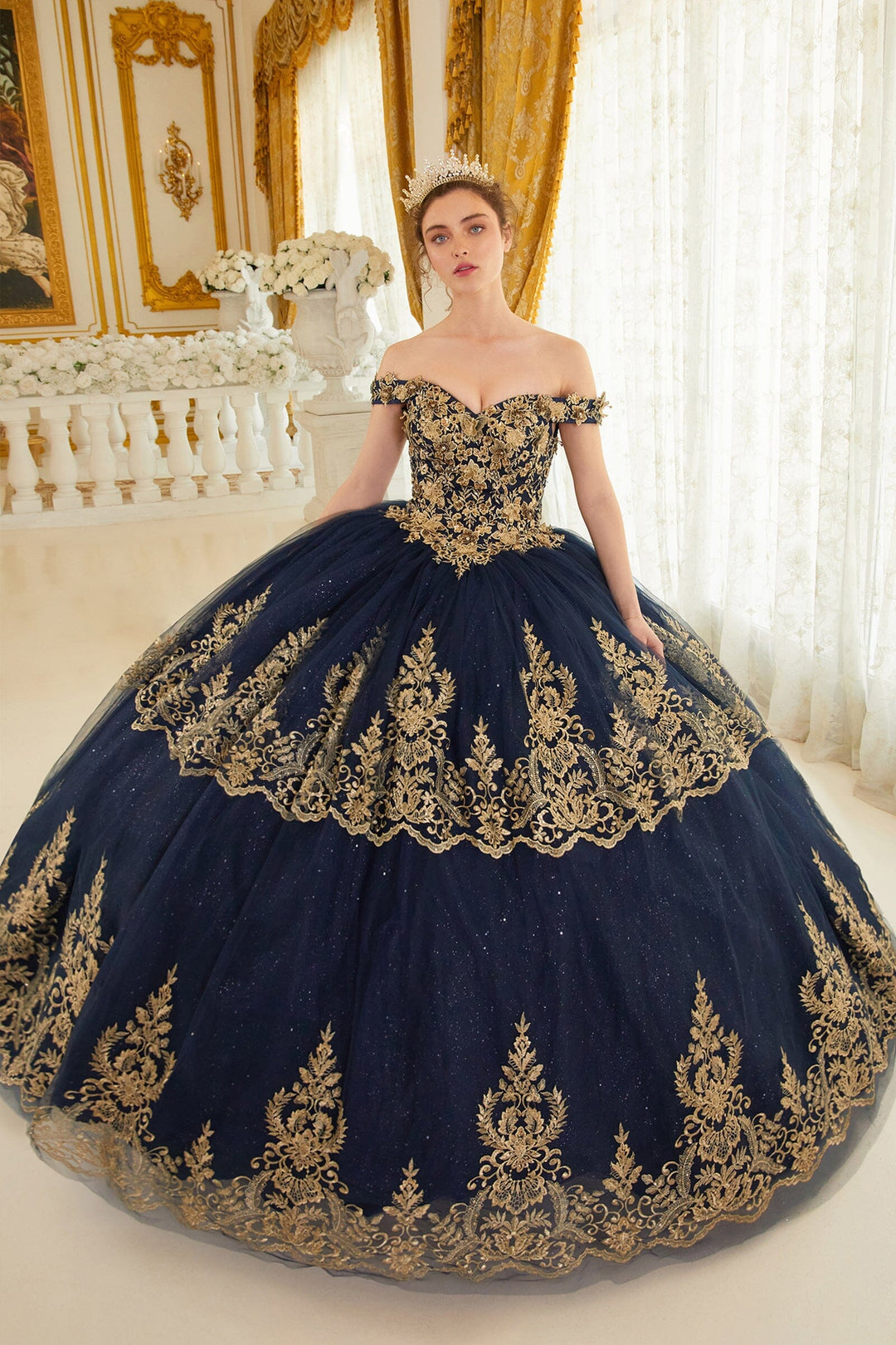 LaDivine 15705 Ball Gown Long Lace Quinceanera Dress - Navy Gold / L LaDivine 15705 Ball Gown Long Lace Quinceanera Dress - Navy Gold / L