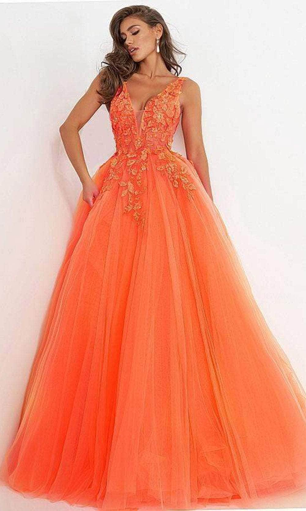 Jovani - 02840 Plunging Neck Floral Applique Tulle Ballgown - FOSTANI