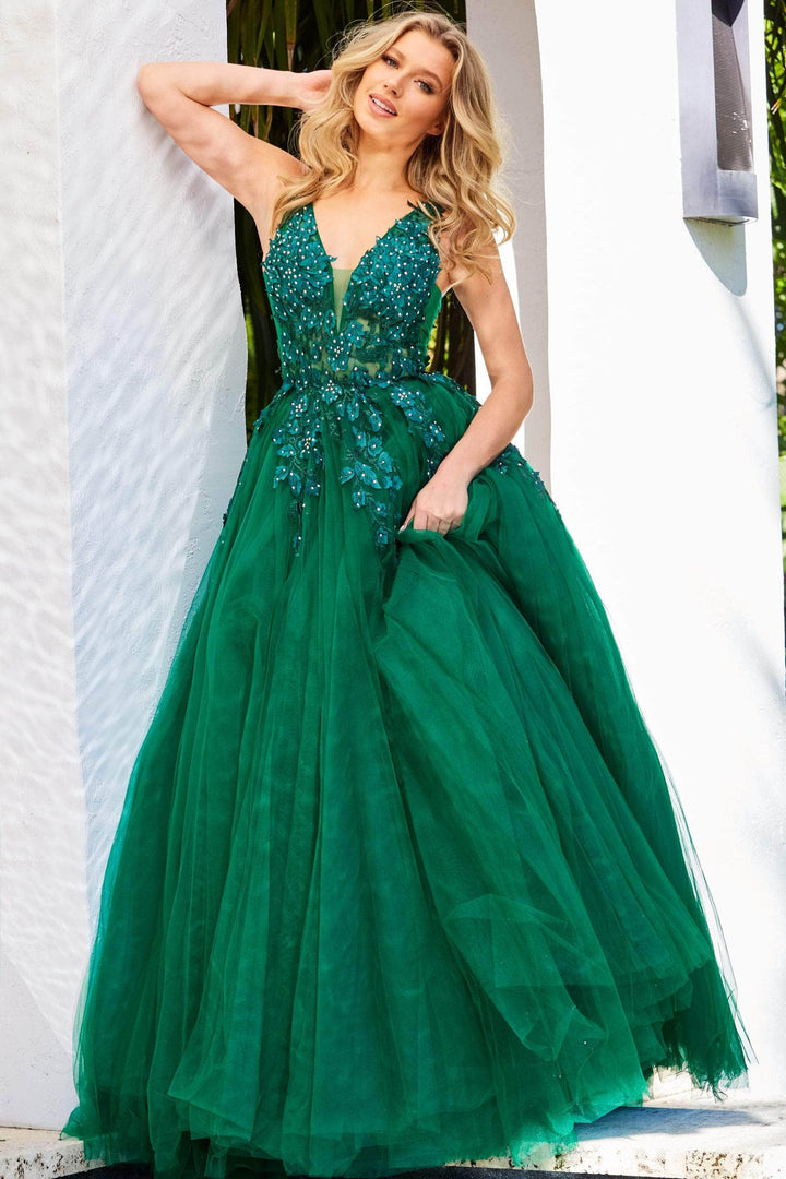 Jovani - 02840 Plunging Neck Floral Applique Tulle Ballgown - FOSTANI