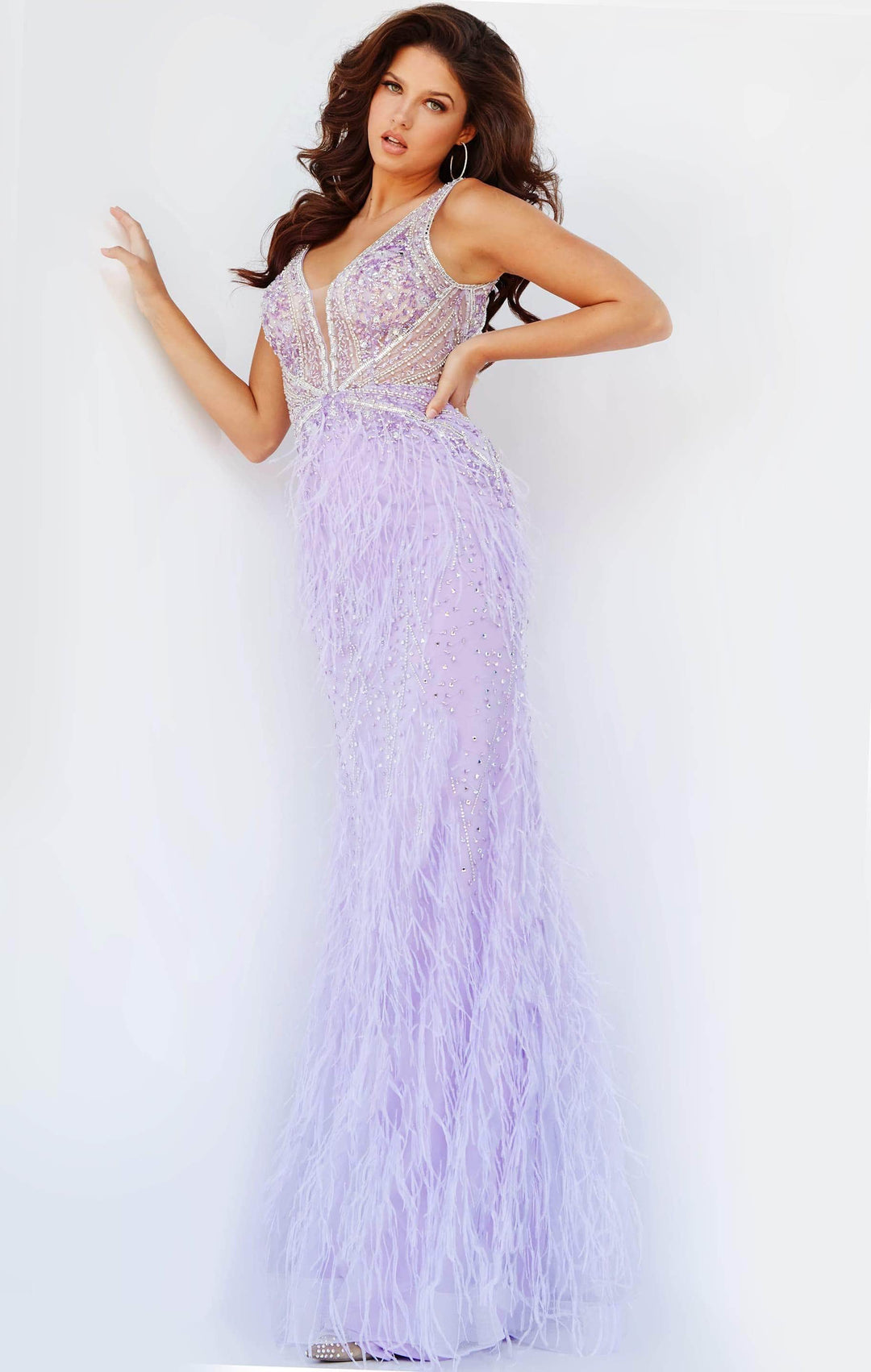 Jovani - 03023 Sheer Bodice Beaded Adorned Feather Fitted Evening Gown - FOSTANI