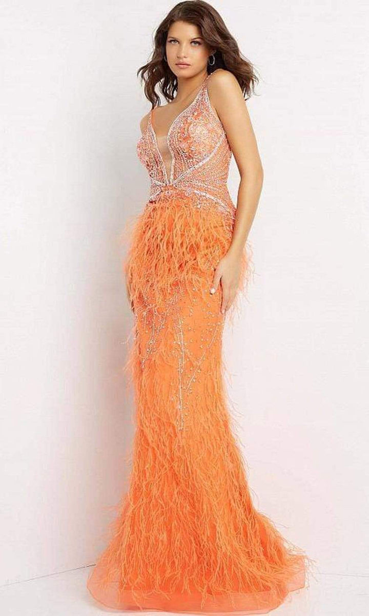 Jovani - 03023 Sheer Bodice Beaded Adorned Feather Fitted Evening Gown - FOSTANI