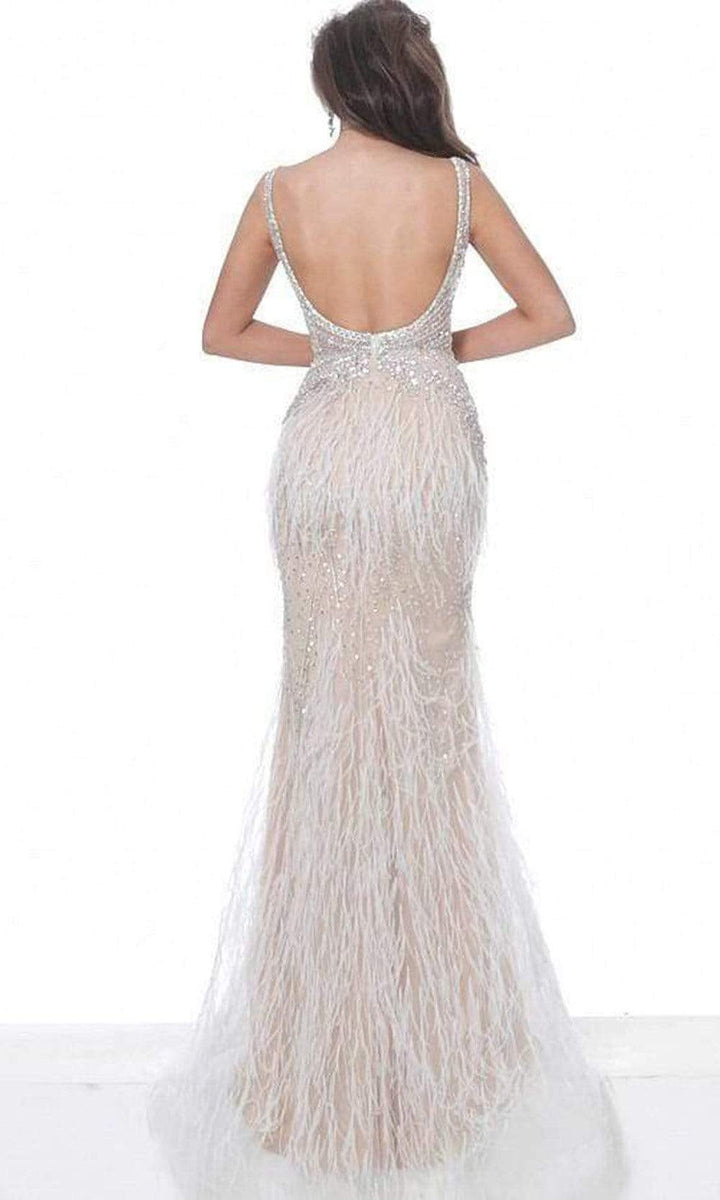 Jovani - 03023 Sheer Bodice Beaded Adorned Feather Fitted Evening Gown - FOSTANI