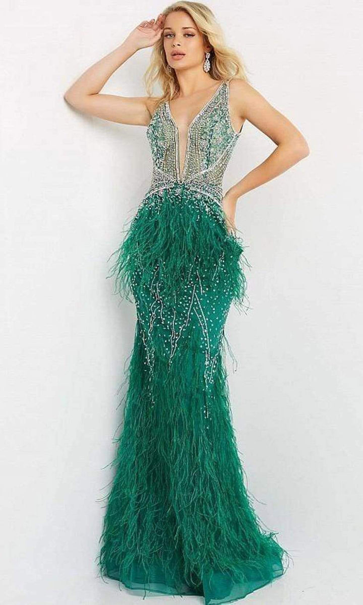 Jovani - 03023 Sheer Bodice Beaded Adorned Feather Fitted Evening Gown - FOSTANI