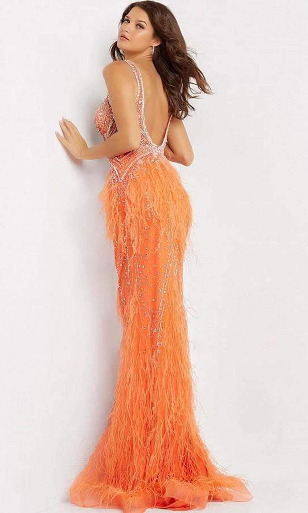 Jovani - 03023 Sheer Bodice Beaded Adorned Feather Fitted Evening Gown - FOSTANI