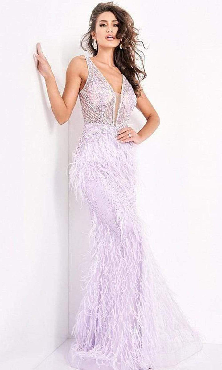 Jovani - 03023 Sheer Bodice Beaded Adorned Feather Fitted Evening Gown - FOSTANI