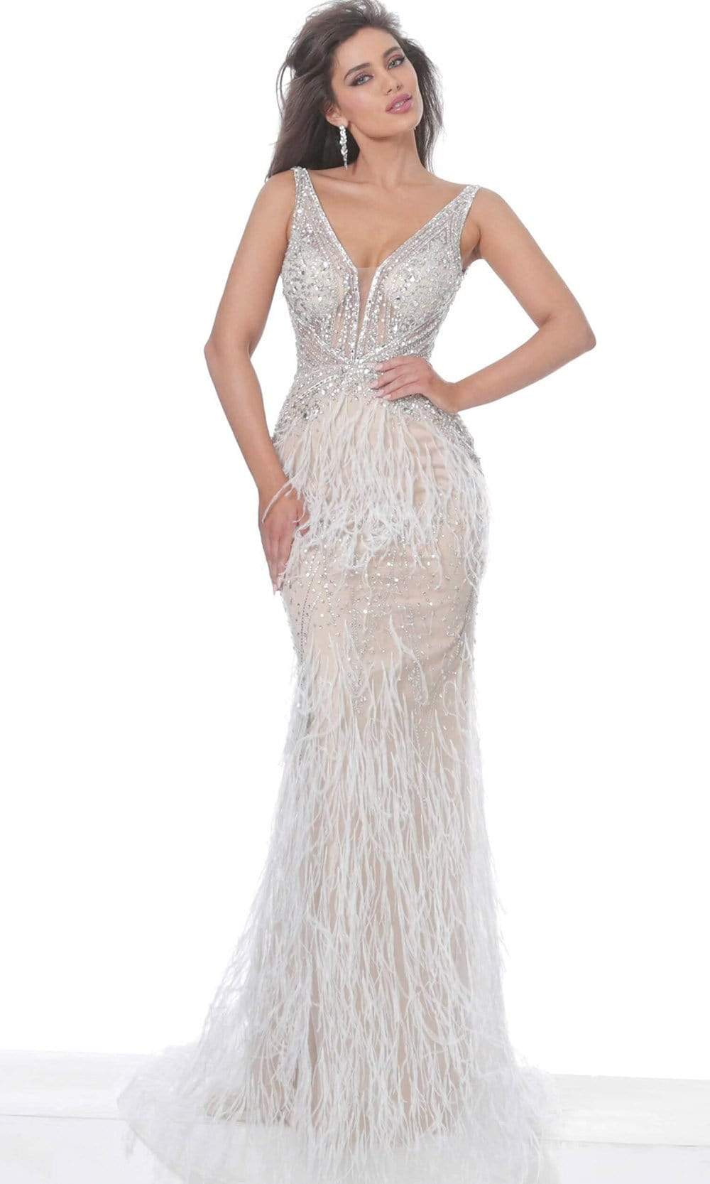 Jovani - 03023 Sheer Bodice Beaded Adorned Feather Fitted Evening Gown - FOSTANI