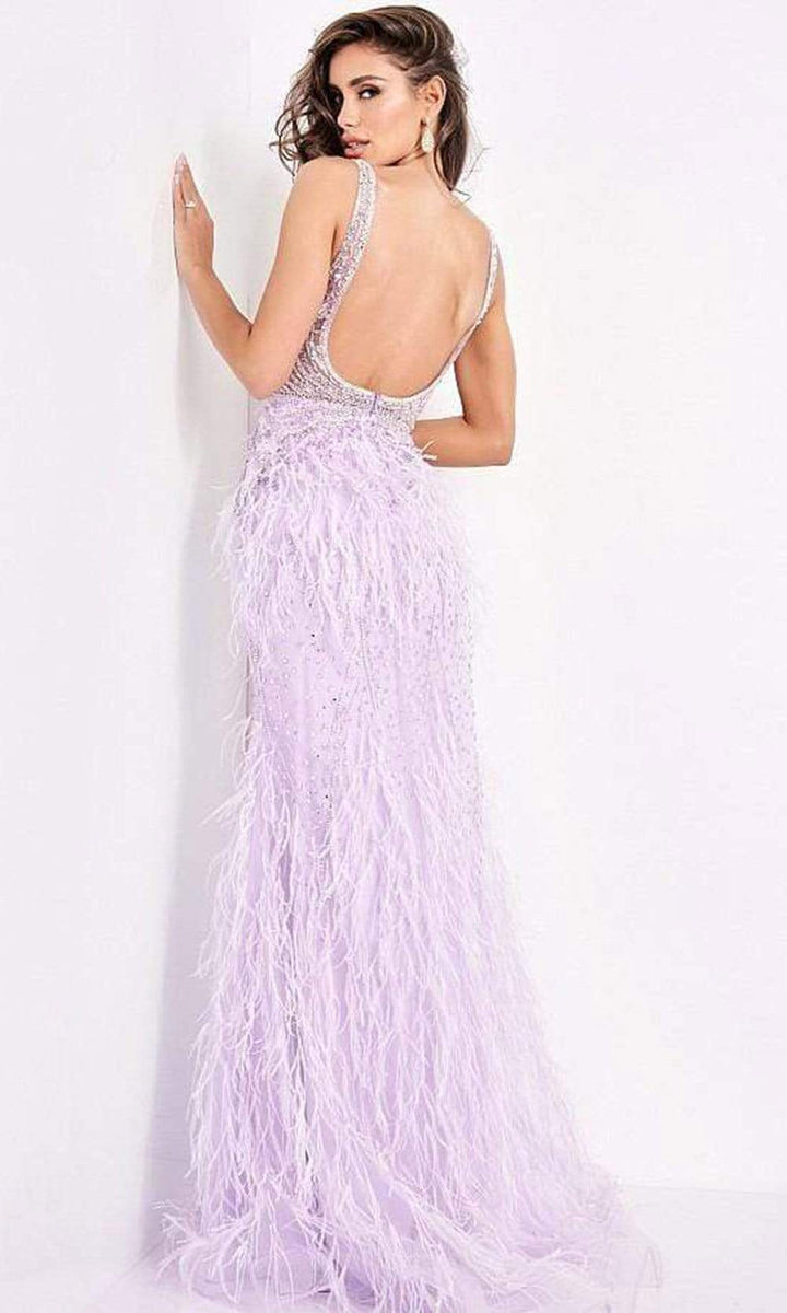 Jovani - 03023 Sheer Bodice Beaded Adorned Feather Fitted Evening Gown - FOSTANI