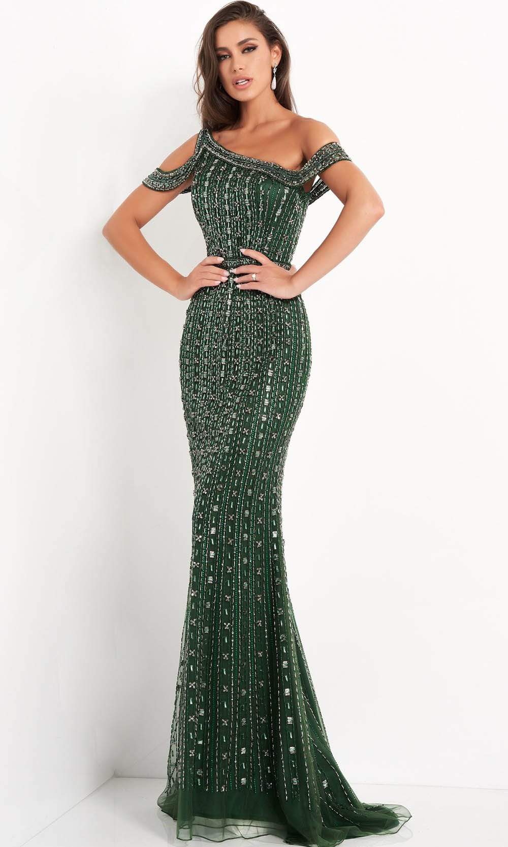 Jovani - 03124 Beaded Cold Shoulder Sheath Gown - FOSTANI