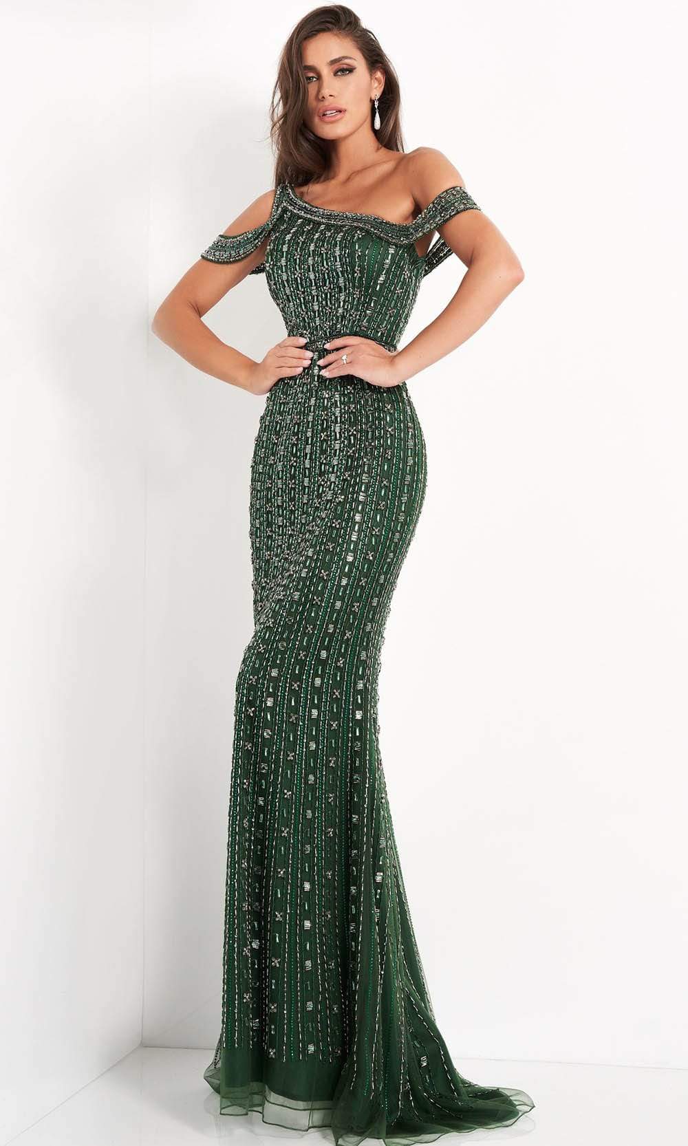 Jovani - 03124 Beaded Cold Shoulder Sheath Gown - FOSTANI