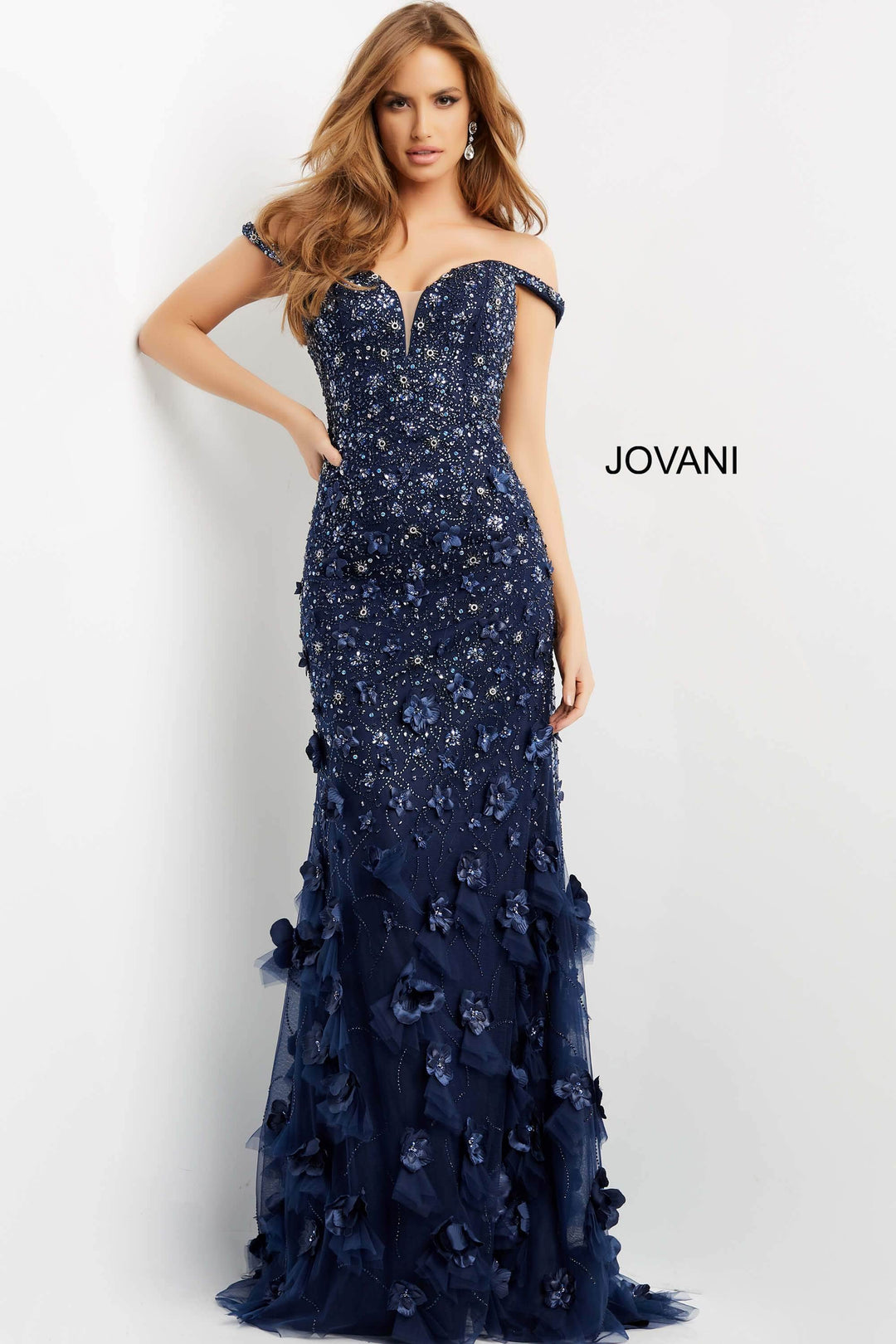 Jovani - 03191 Floral Appliques Off Shoulder Fitted Evening Dress - FOSTANI