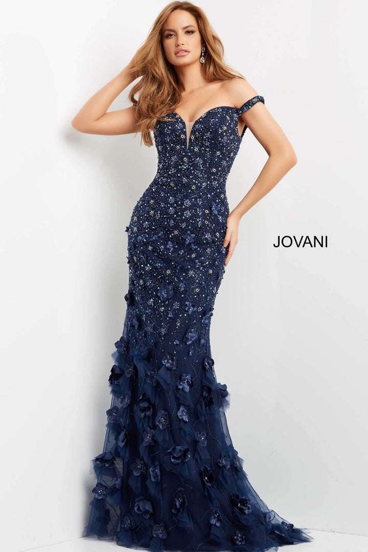 Jovani - 03191 Floral Appliques Off Shoulder Fitted Evening Dress - FOSTANI