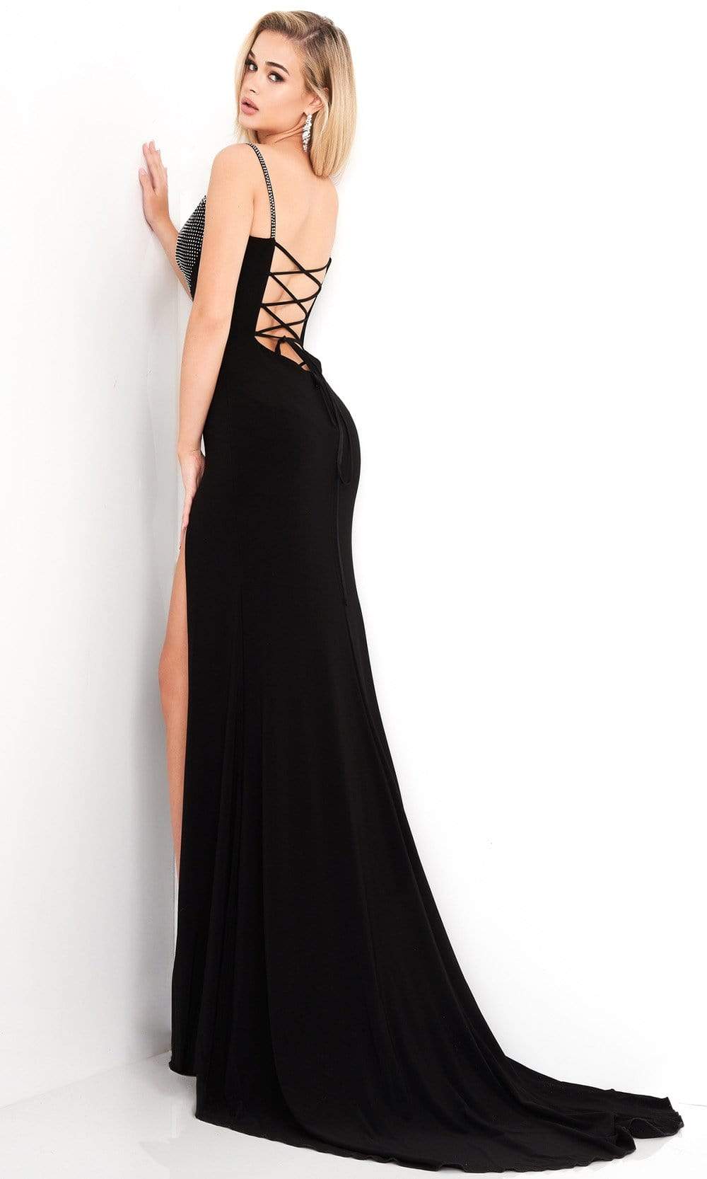 Jovani - 03251 Polkadot Draped High Slit Sheath Gown - FOSTANI