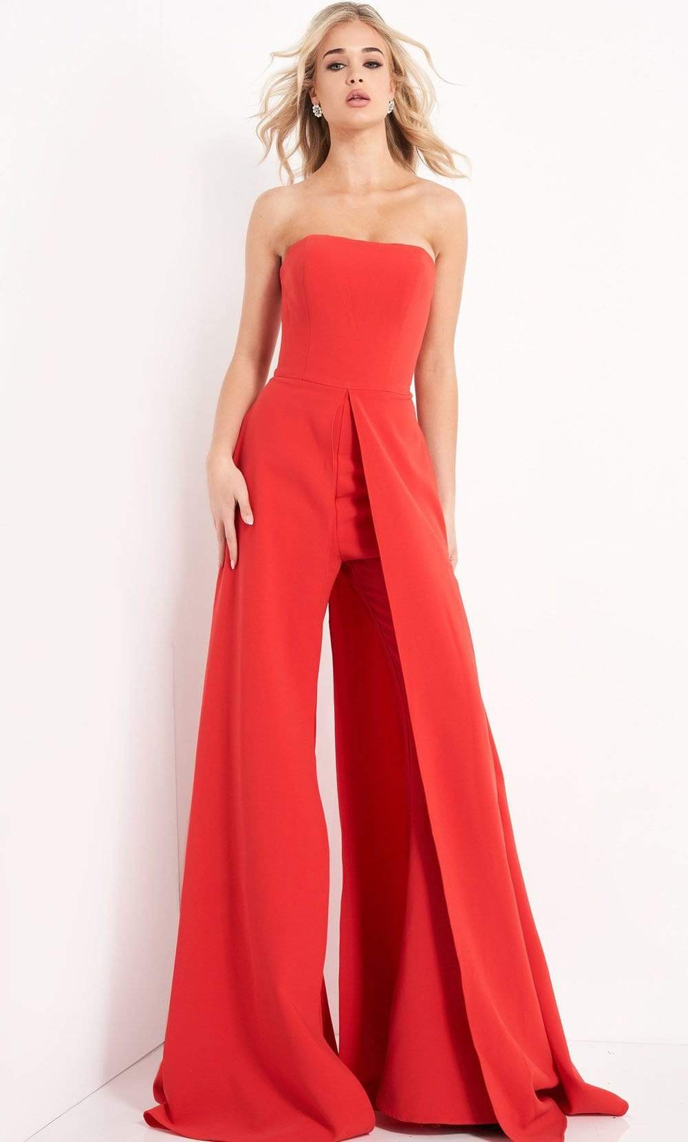 Jovani - 03529 Strapless Wide Leg Formal Evening Jumpsuit With Overlay - FOSTANI