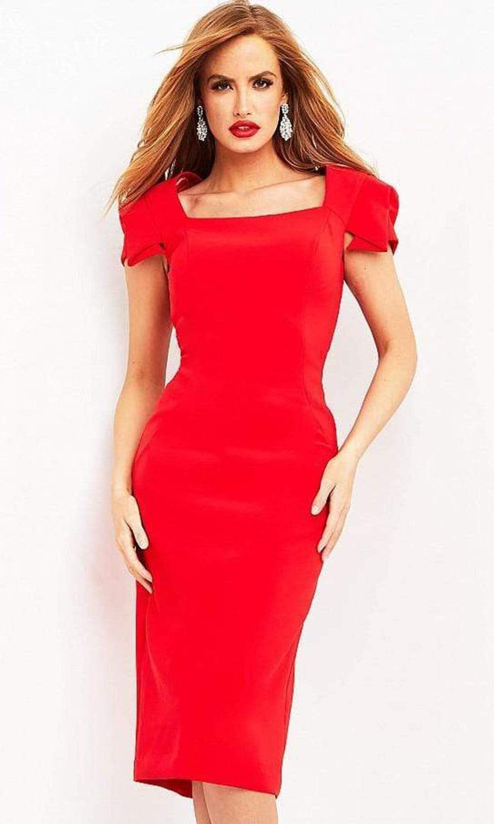 Jovani - 03808 Square Neck Simple Midi Dress - FOSTANI