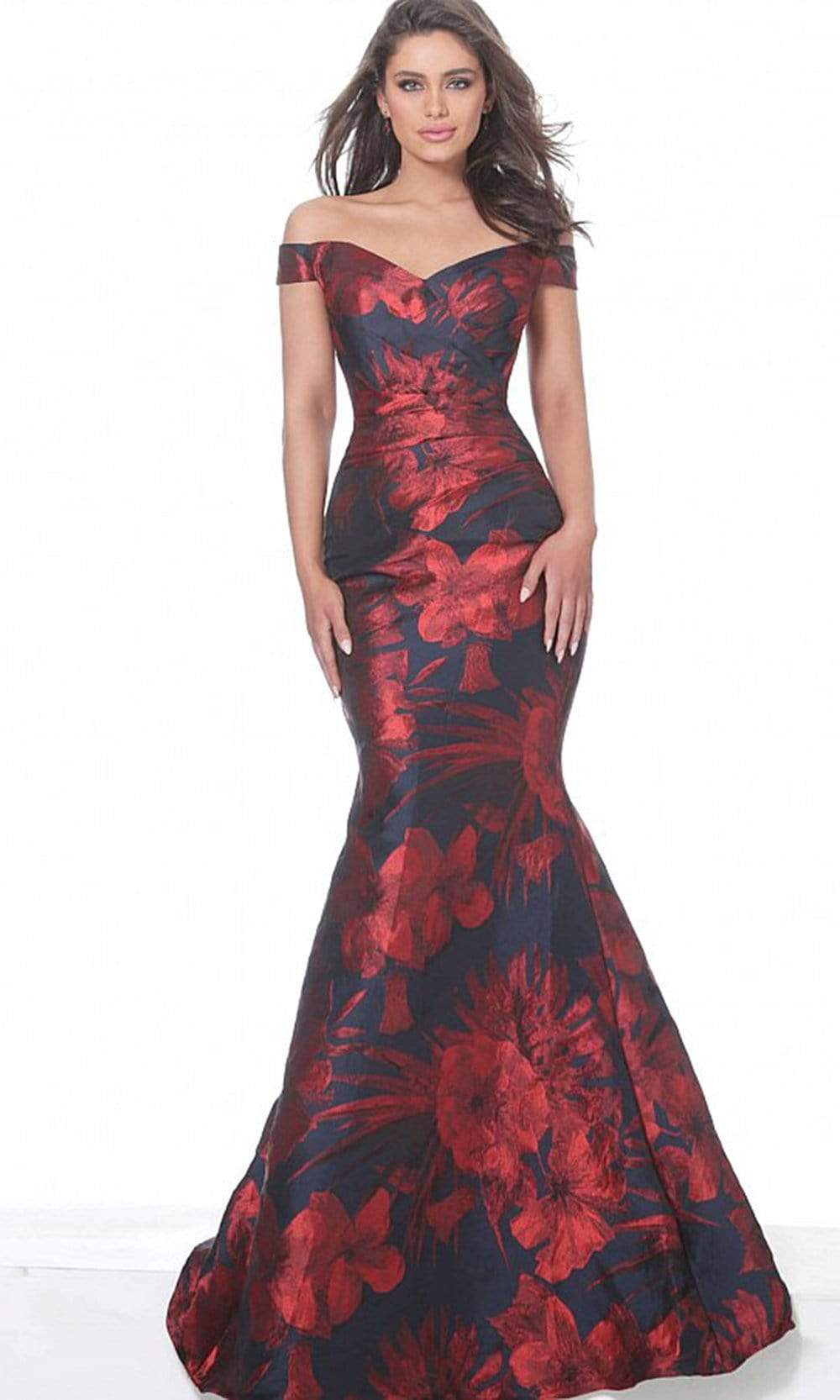 Jovani - 03932 Off Shoulder Floral Satin Mermaid Gown - FOSTANI