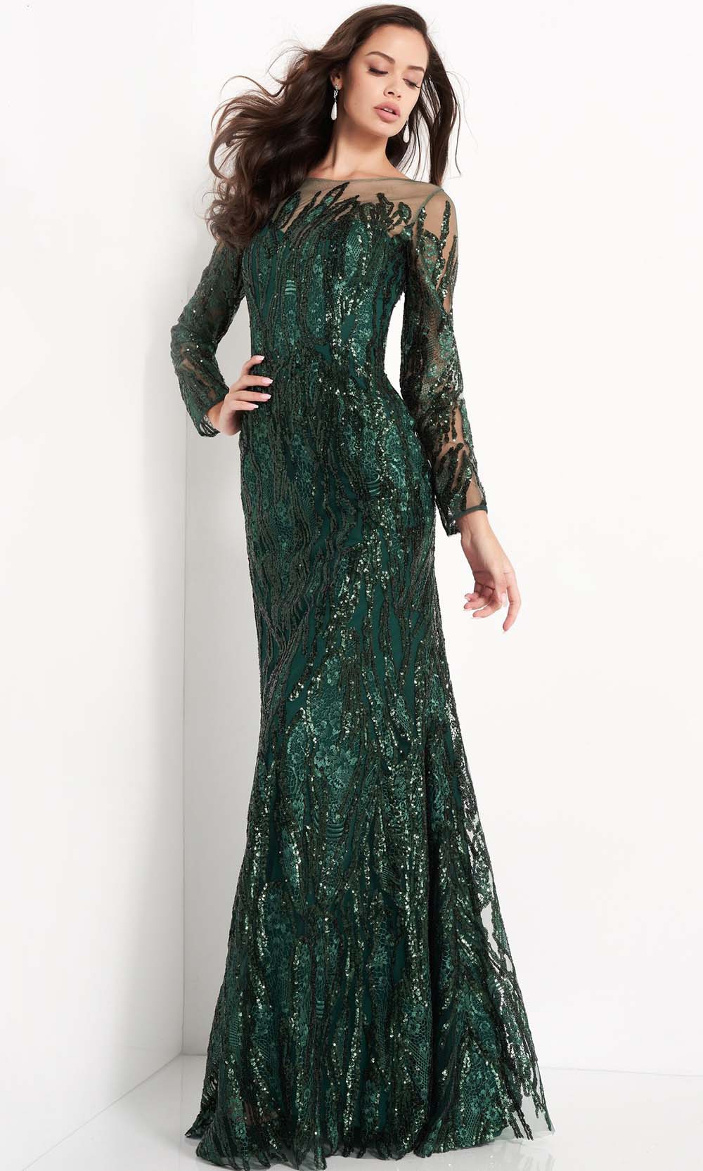 Jovani - 03936 Sequined Long Sleeve Sheath Dress - FOSTANI