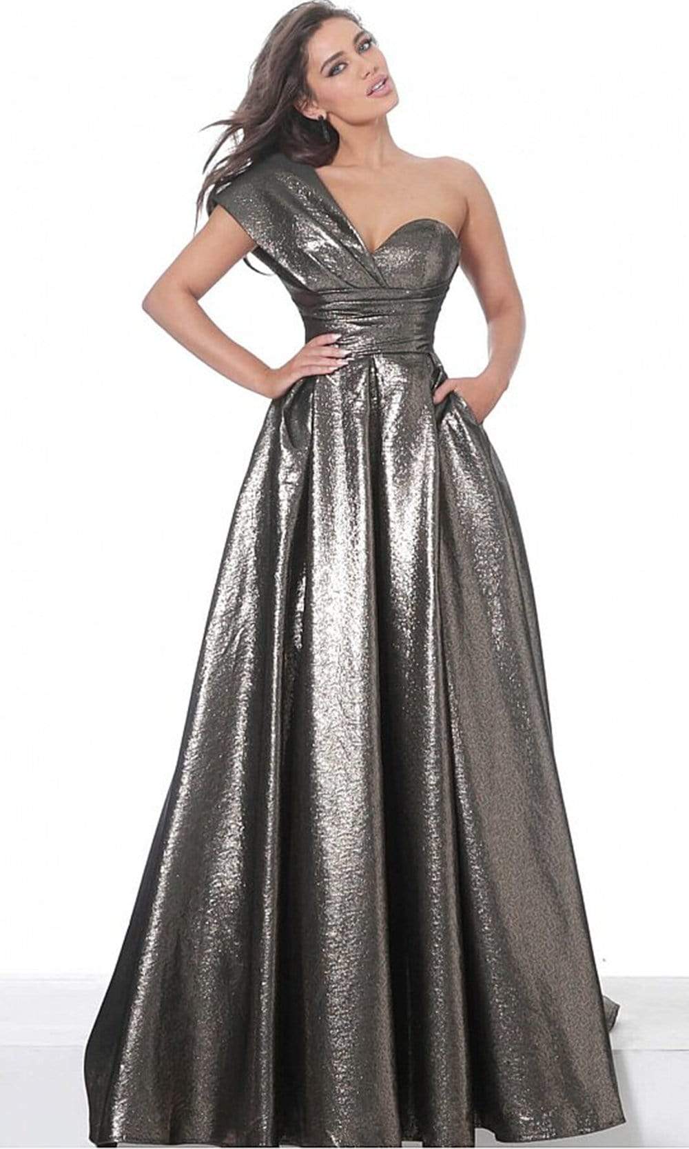 Jovani - 04170 Metallic One Shoulder A-Line Gown - FOSTANI