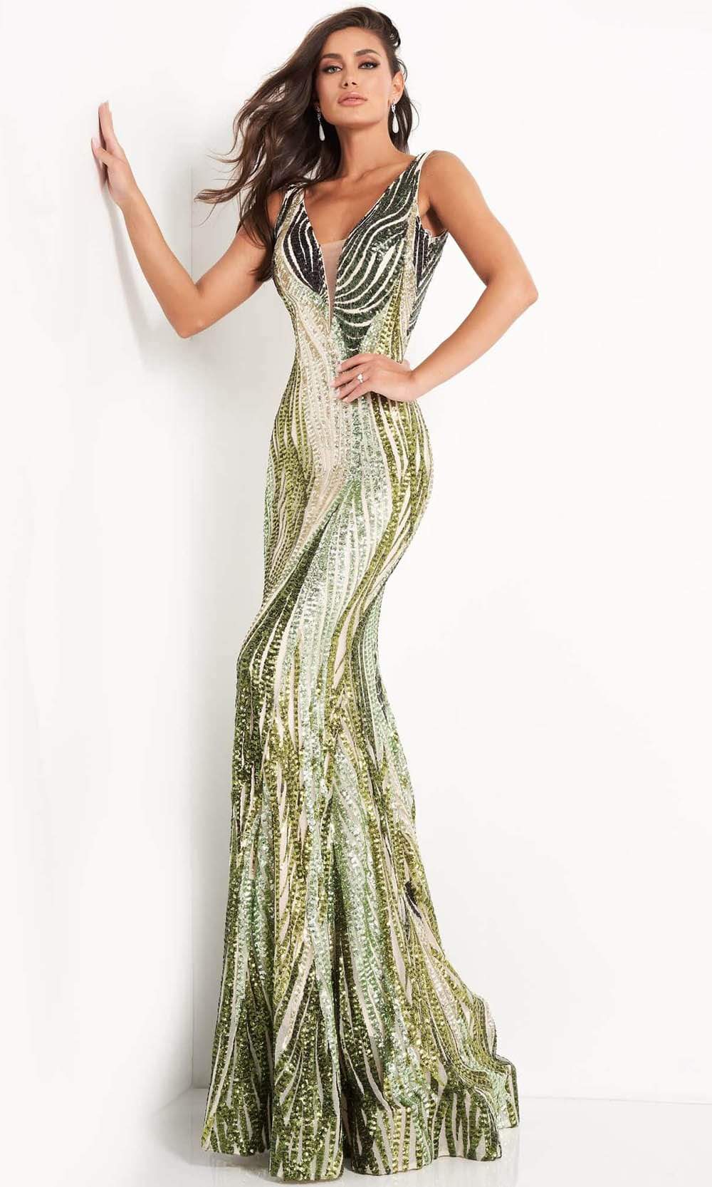 Jovani - 05103 Sequin Embellished Plunging V Neck Gown - FOSTANI