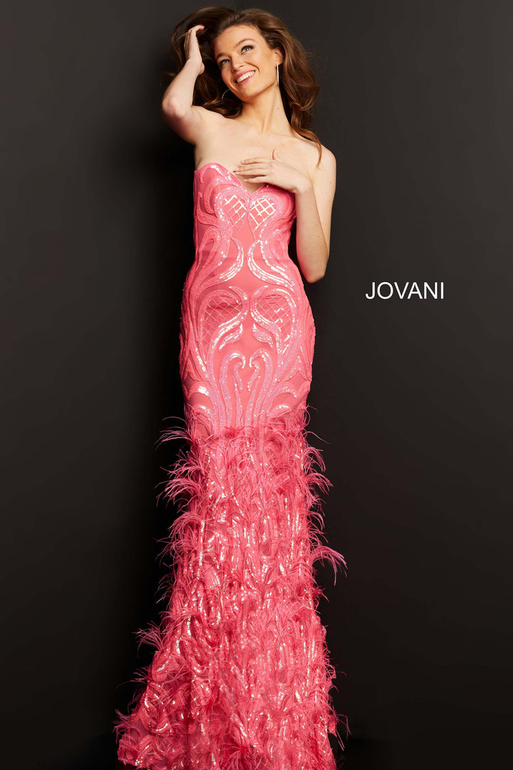 Jovani - 05667 Embellished Sweetheart Feathered Dress With Train - FOSTANI