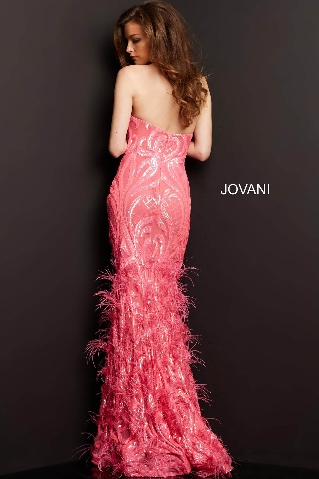 Jovani - 05667 Embellished Sweetheart Feathered Dress With Train - FOSTANI