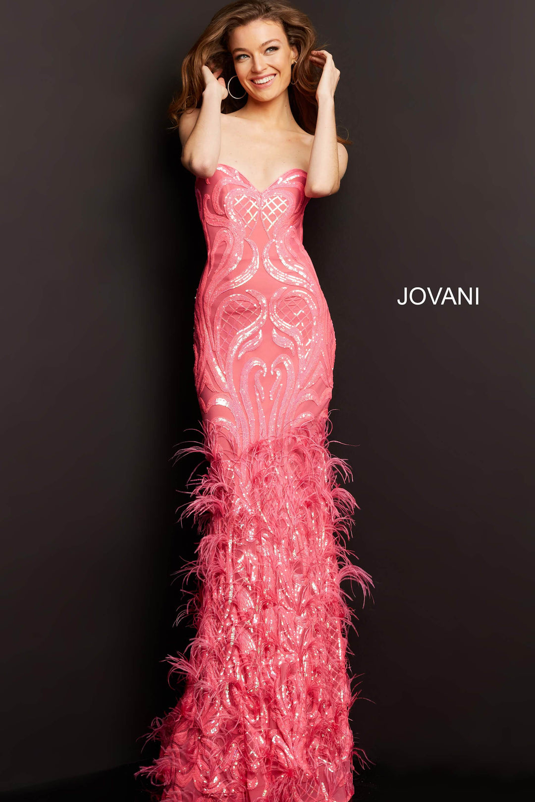 Jovani - 05667 Embellished Sweetheart Feathered Dress With Train - FOSTANI