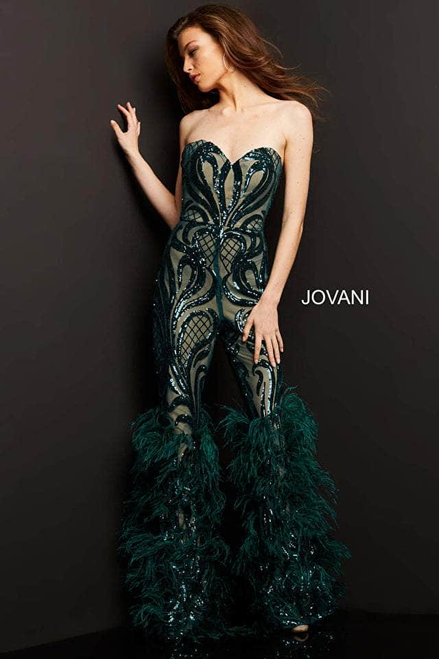 Jovani - 05669 Strapless Sweetheart Feathered Jumpsuit - FOSTANI