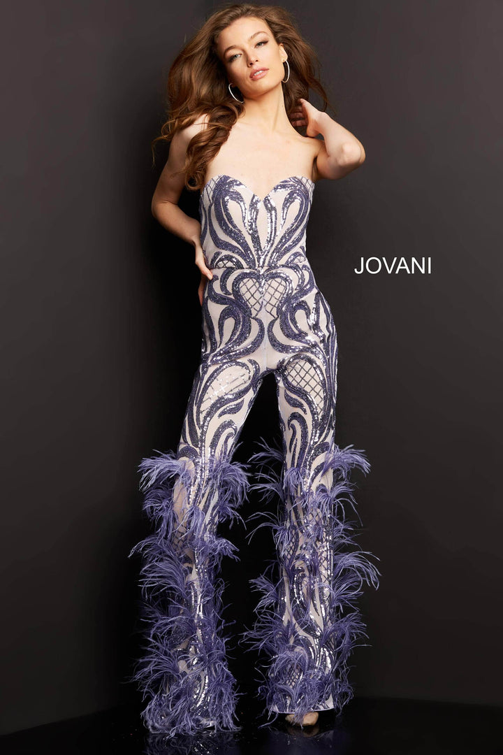 Jovani - 05669 Strapless Sweetheart Feathered Jumpsuit - FOSTANI