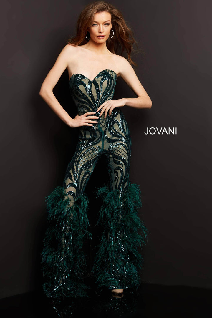 Jovani - 05669 Strapless Sweetheart Feathered Jumpsuit - FOSTANI