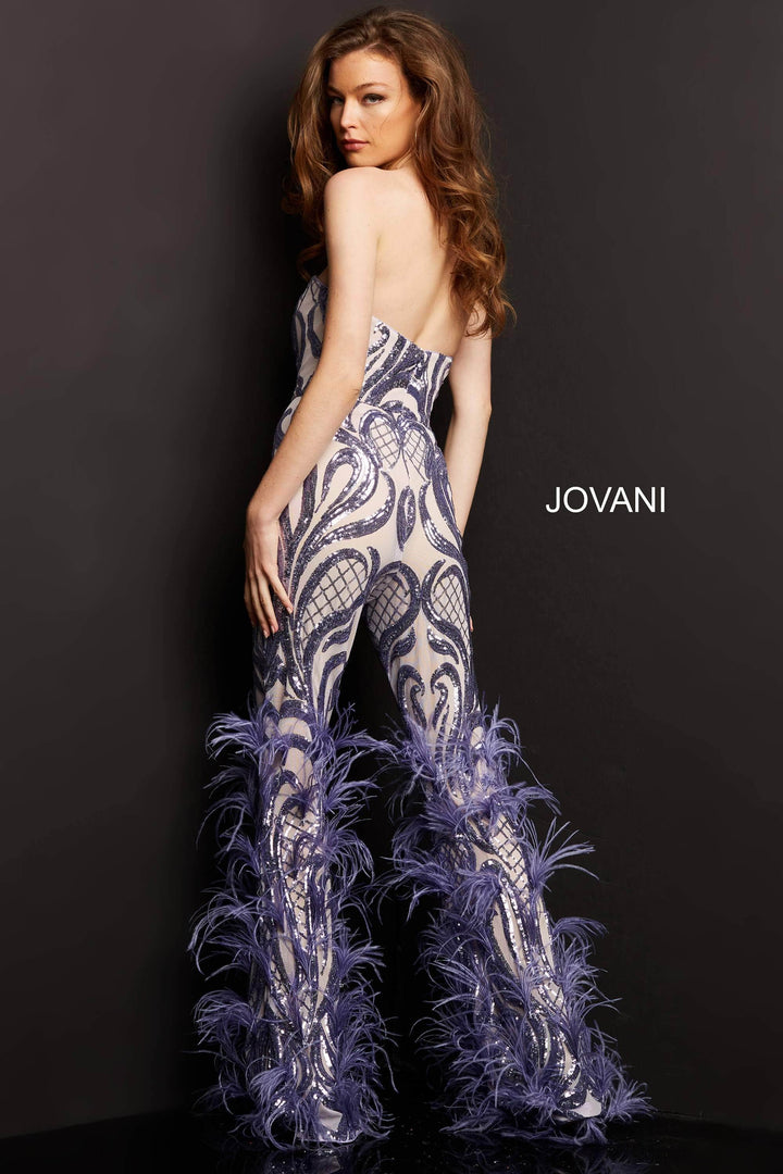 Jovani - 05669 Strapless Sweetheart Feathered Jumpsuit - FOSTANI