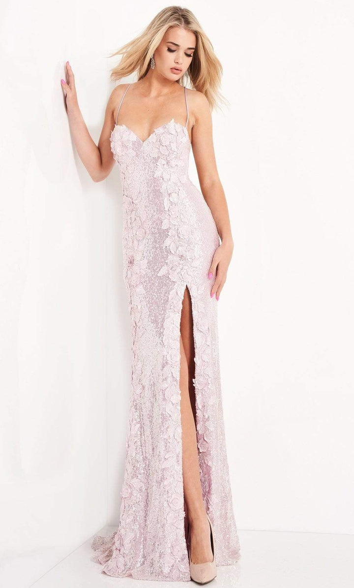 Jovani - 06109 Floral Appliques Sequin Embellished High Slit Gown - FOSTANI