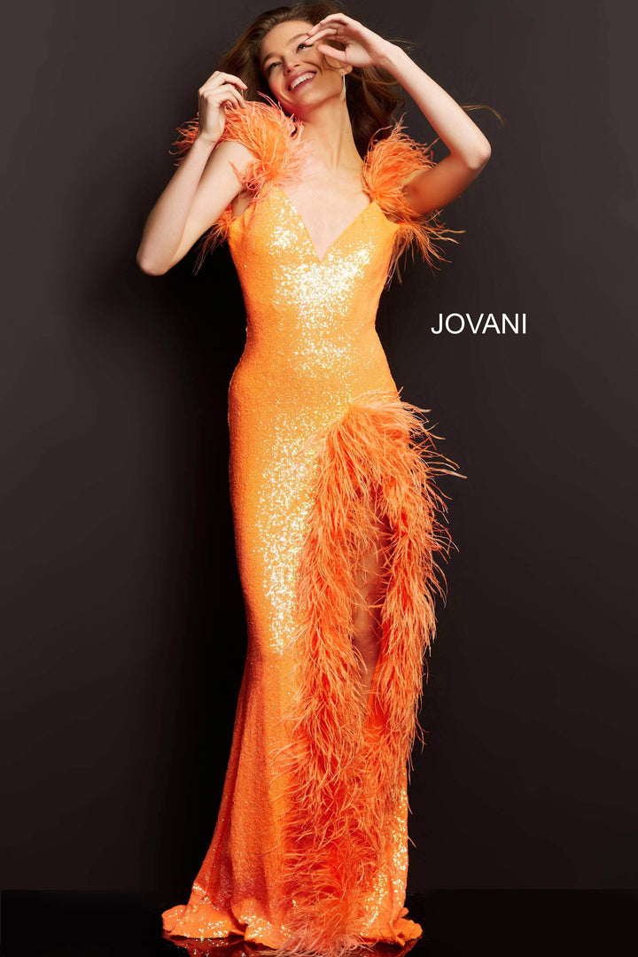 Jovani - 06164 Feather Trimmed High Slit Long Dress - FOSTANI