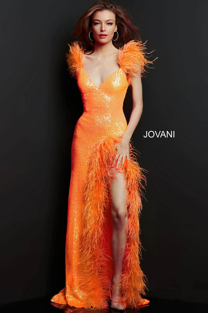 Jovani - 06164 Feather Trimmed High Slit Long Dress - FOSTANI