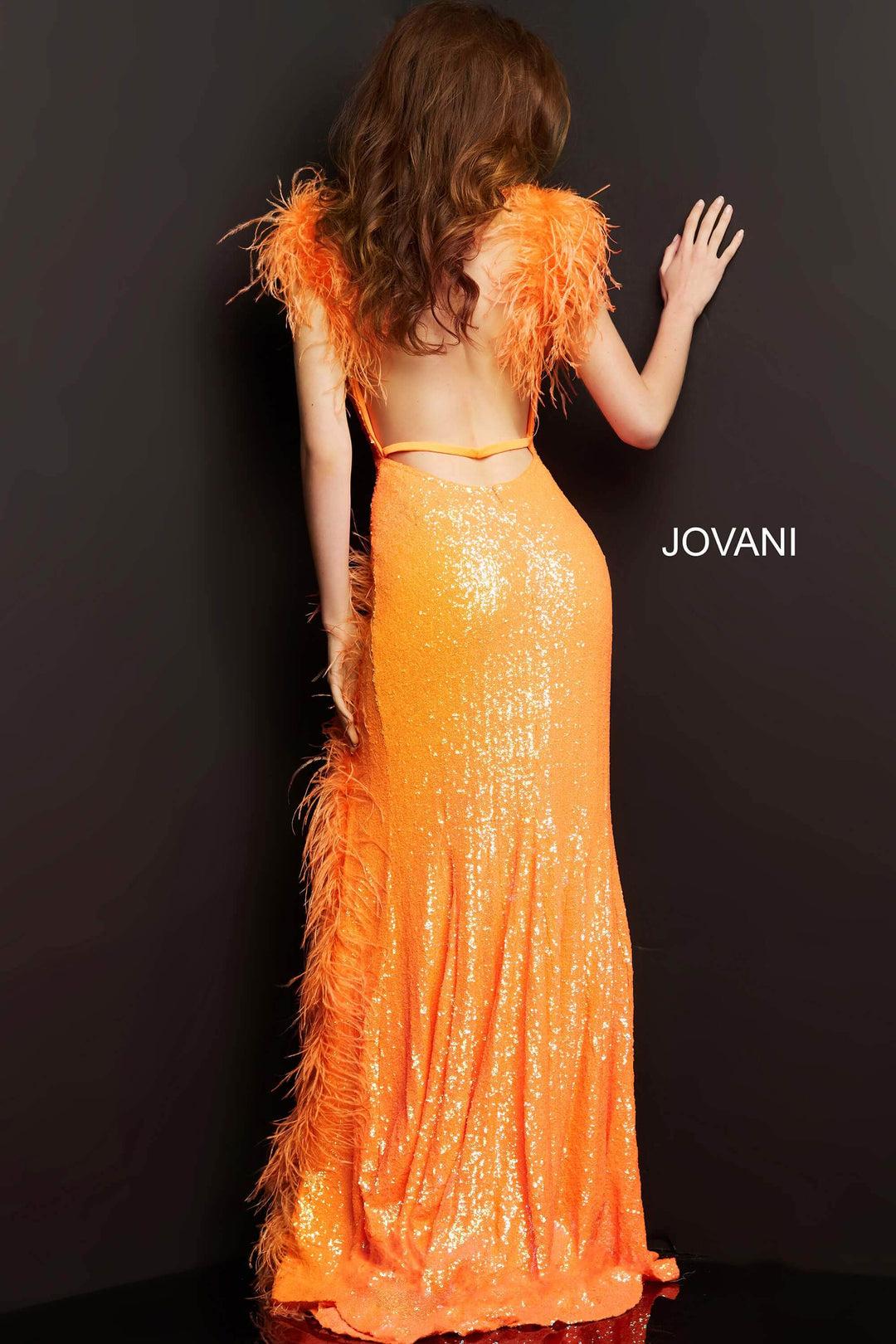 Jovani - 06164 Feather Trimmed High Slit Long Dress - FOSTANI