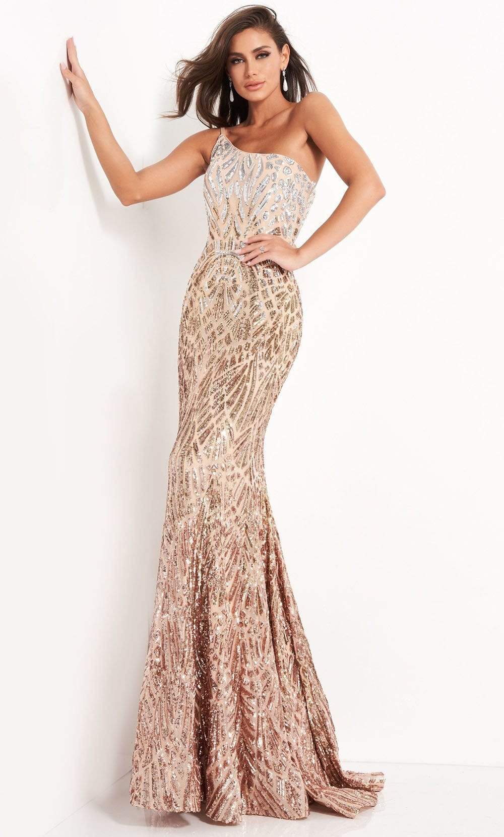 Jovani - 06469 Sequined Two Tone Trumpet Dress - FOSTANI