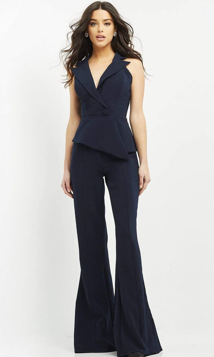 Jovani - 06923 Sleeveless Front Button Peplum Jumpsuit - FOSTANI