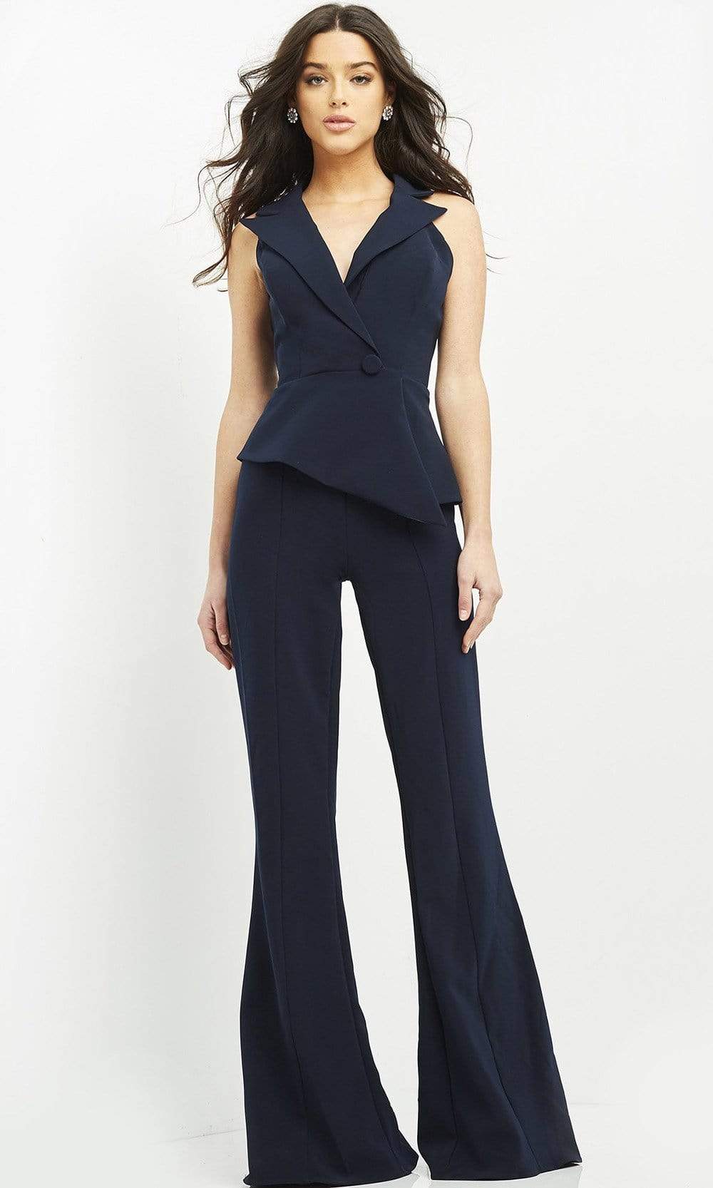 Jovani - 06923 Sleeveless Front Button Peplum Jumpsuit - FOSTANI