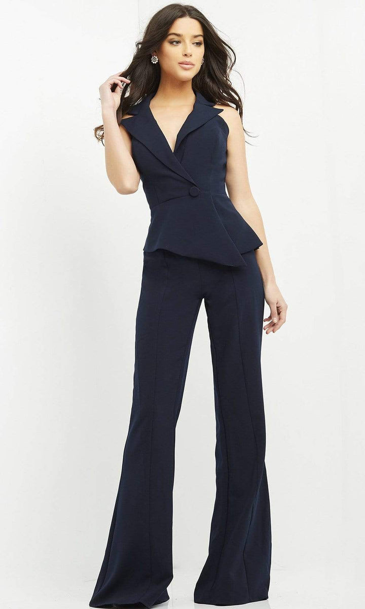 Jovani - 06923 Sleeveless Front Button Peplum Jumpsuit - FOSTANI